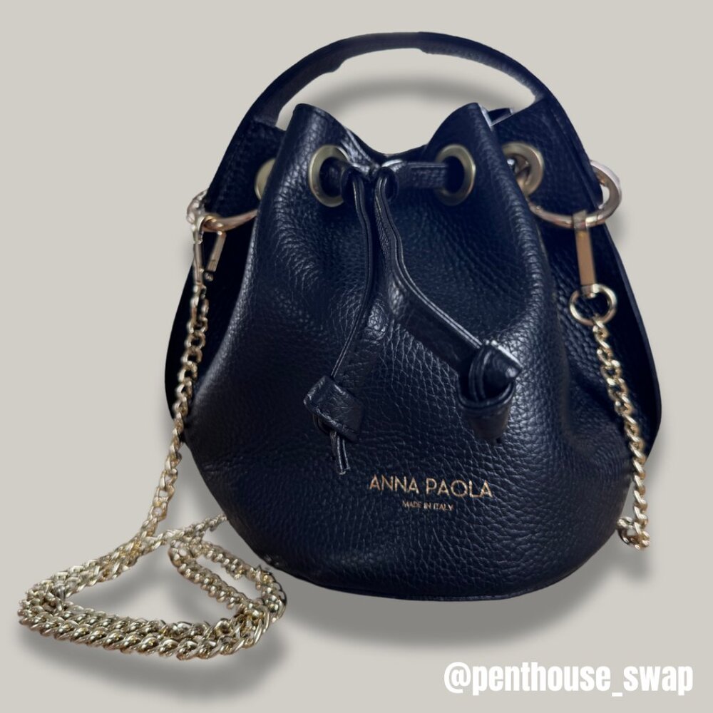 Anna Paola Genuine Leather Black Bucket Bag